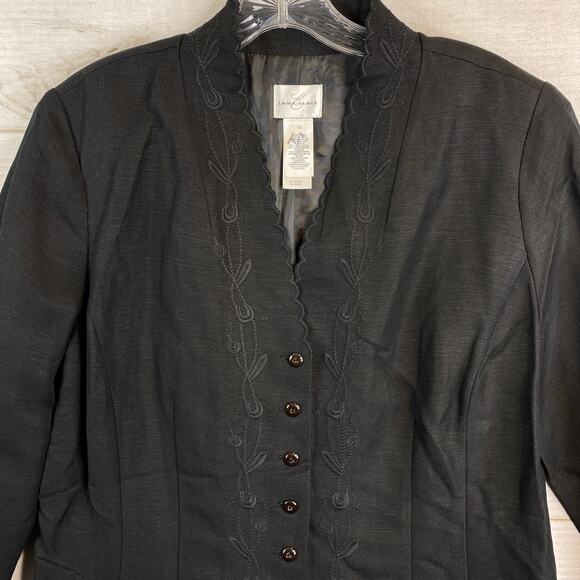 Emma James Blazer Womens 14 Black Embroidered Linen Button Up Lined V Neck NWT - Picture 2 of 13